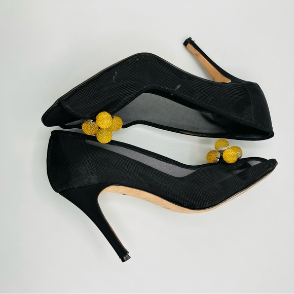 Something Bleu Black Mesh Gold Yellow Ball Pump Heels Peep Toe Italy Size 7 - Picture 16 of 16